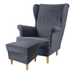 Kopia - MALLMON Fauteuil à oreilles avec repose-pieds tissu hydrophobe Easy Clean bleu marine pieds bois